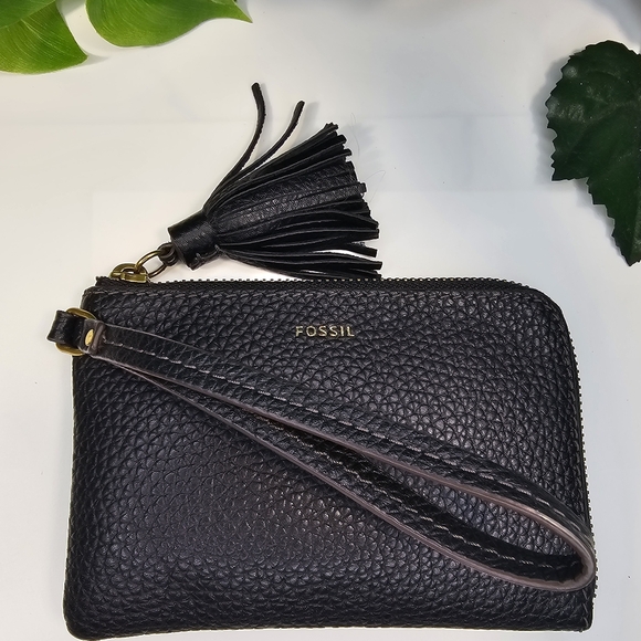 - Fossil Wristlet Wallet Pebble Genuine Leather in Black Sz Small - Picture 11 of 11